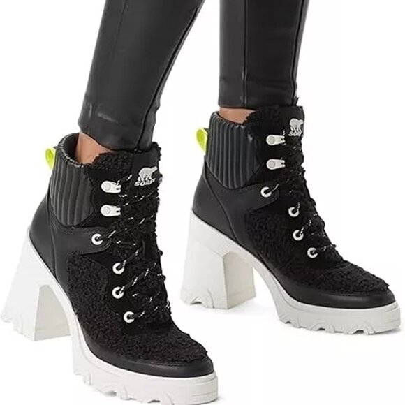 New! Sorel Women's Brex Heel Cozy Lace Boots Black/Sea Salt  DD407 - Picture 1 of 9
